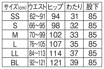 ＜Raffiria＞メディカルパンツ(男女兼用)のサイズ表